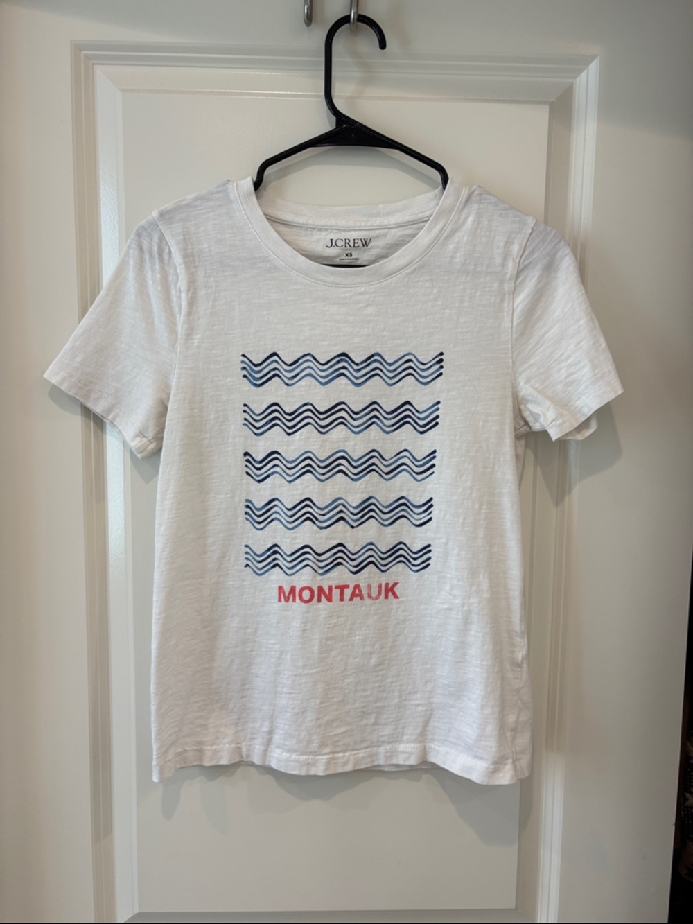 J. Crew Wonens White Tee with Navy Wave Graphic and Pink Montauk Text